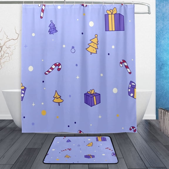 Bath Curtain & Non-Slip Bath Mat Set 12-Grommet Shower Curtain Memory Foam Bath Rug Simple Christmas Elements