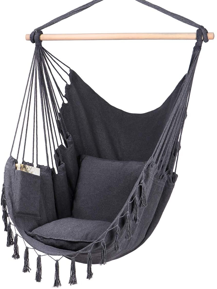 Handmade Macrame Hanging Chair for Bedroom Patio Yard Garden Max 330 Lbs Beige Hammock Chair Hanging Rope Swing Chair with 2 Seat Cushions & Installation Kit 