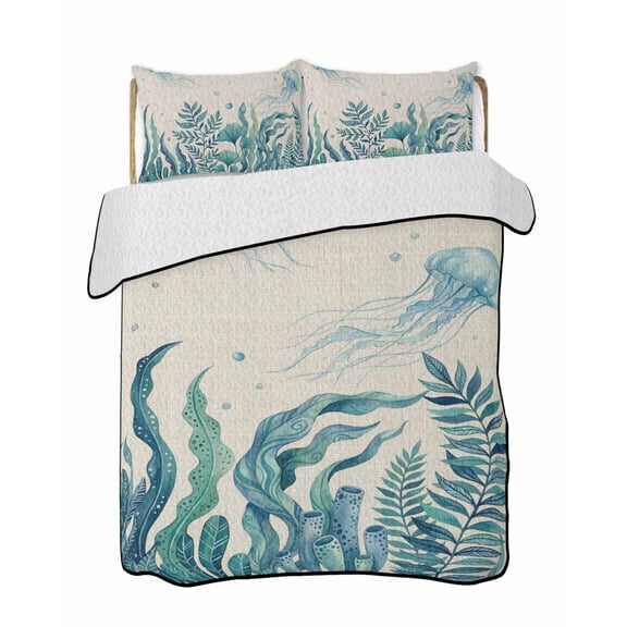 Quilts King Size Bedding Set, Turquoise Jellyfish Coastal Lightweight Quilted Comforter, Summer Ocean Seaweed Rustic Soft Reversible Bedspread Coverlet with Pillow Covers for All Season, 96" x 106"