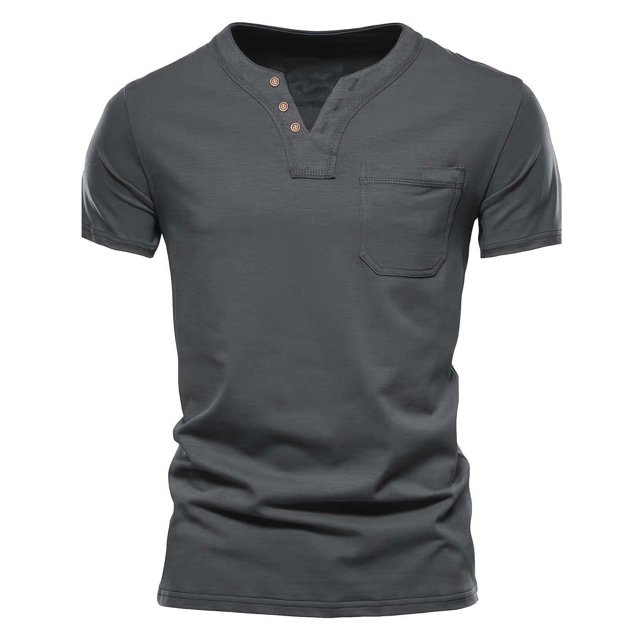 fatyb Mens Casual T-Shirts Summer Button V Neck Tee Pullover Solid Color Vacation Beach Tops with Pocket