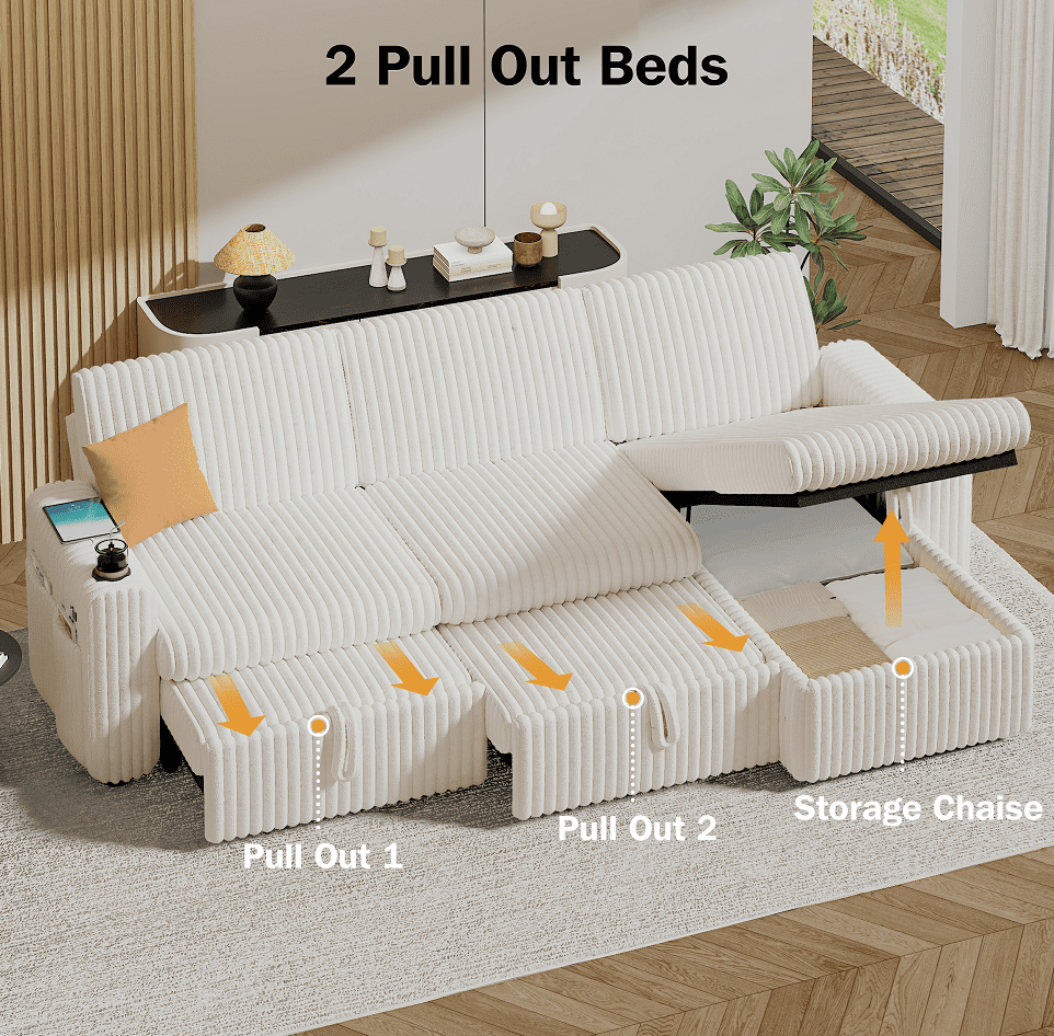 101” Detachable Mattress Sleeper Sofa with Pull-Out Mattress - L-Shaped Design, Adjustable Backrest + Reversible Storage Chaise, USB Ports/Cup Holders, Quick Assembly, Soft Beige Corduroy
