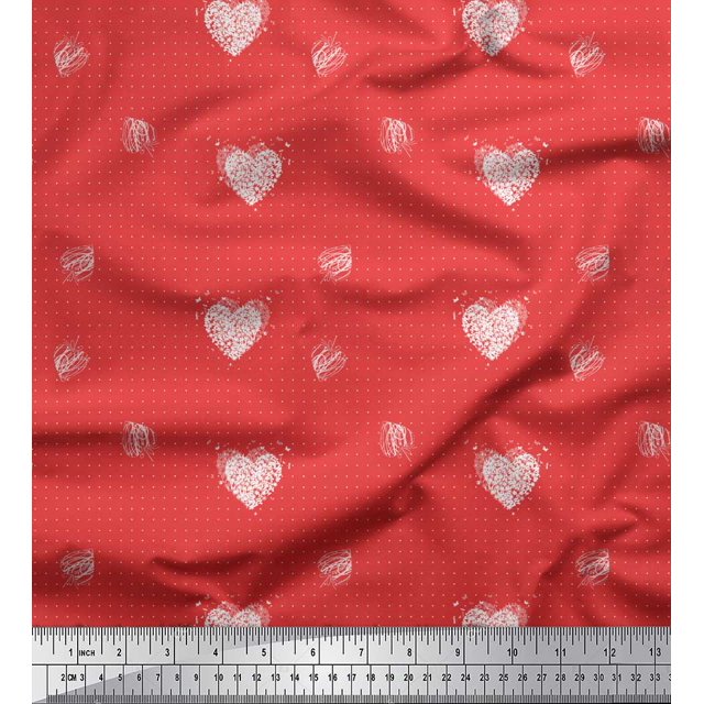 Soimoi Orange Poly Georgette Fabric Heart & Dots Printed Fabric 1 Yard 52 Inch Wide