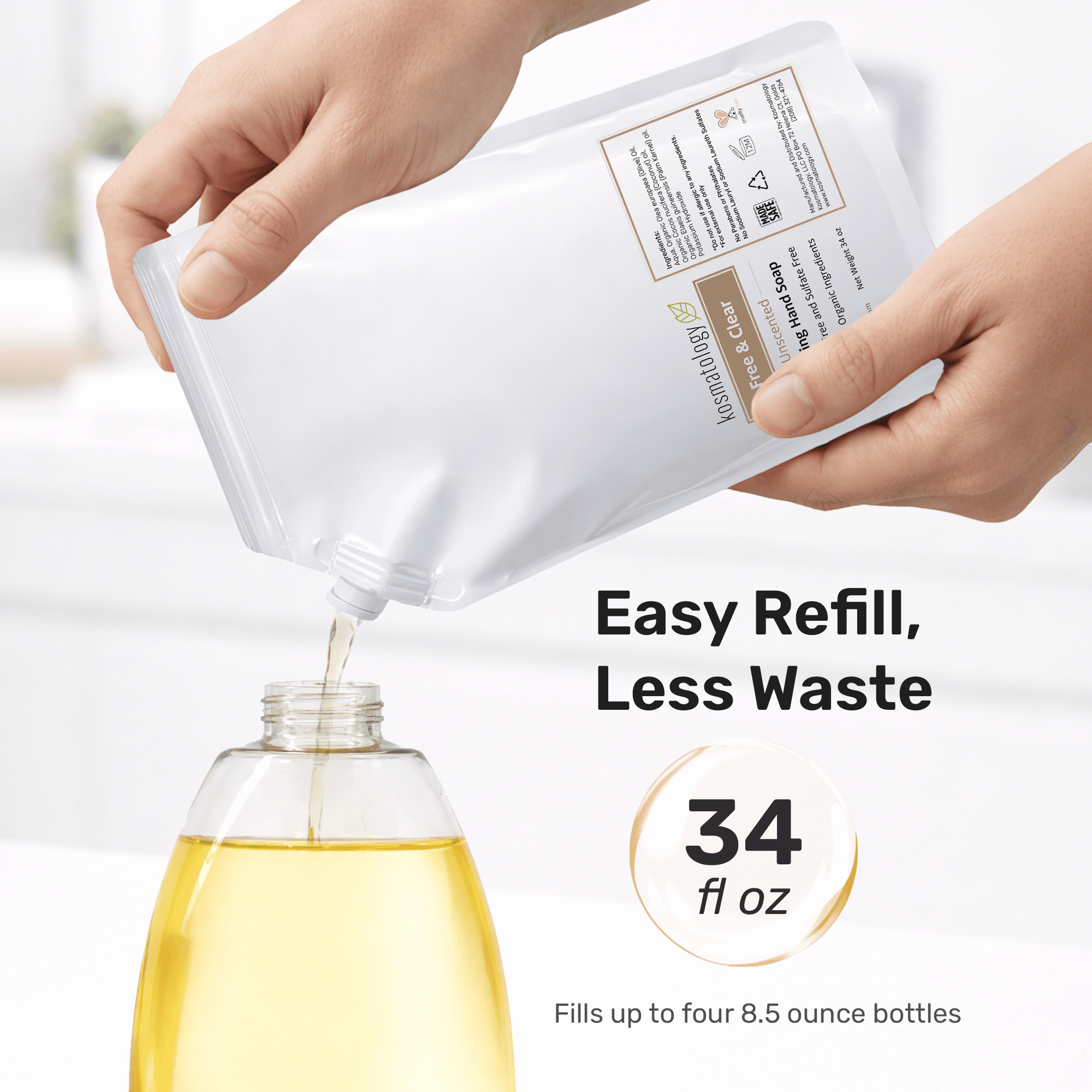 kosmatology® Free & Clear Organic Foaming Hand Soap Refill | Moisturizing Hand Wash | Clean Ingredients, Free of Artificial Scent and Essential Oils | 34 fl oz