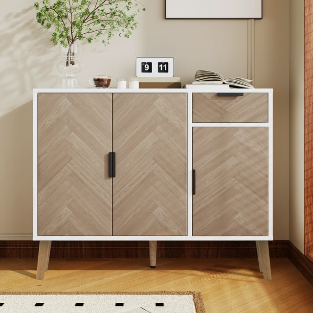 MODERNLUXE Buffet avec Rangement, Console Moderne de Bar à Café avec 3 Portes, 1 Tiroir et Tablettes Ajustables pour Cuisine, Salon, Entrée, Blanc
