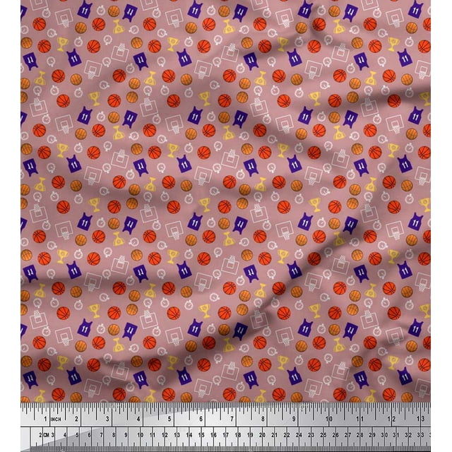 Soimoi Rayon Crepe Fabric Trophy,Timer Clock & Basketball Sports Printed Fabric 1 Yard 46 Inch Wide
