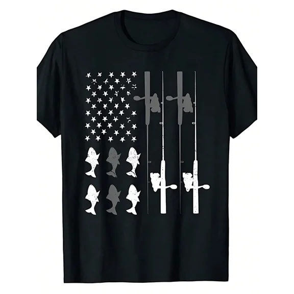 children’s wear Retro American Flag Fishing T-Shirt for Boys and Girls Patriotic Bass Angler Graphic Tee for Kids Cute Outdoor Fishing Rod Shirt