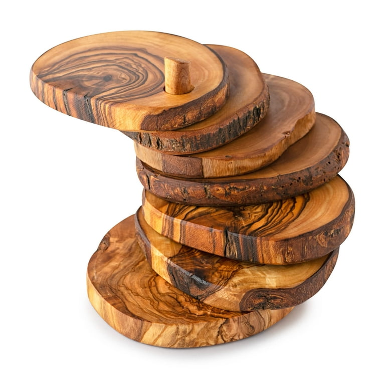 BeldiNest Olive Wood 6 piece round Coaster Set with holder- Unique