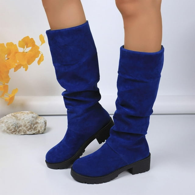 Willtoo Bottes Hautes Extensibles pour Femmes avec Talon Épais et Semelle Crantée Bleues