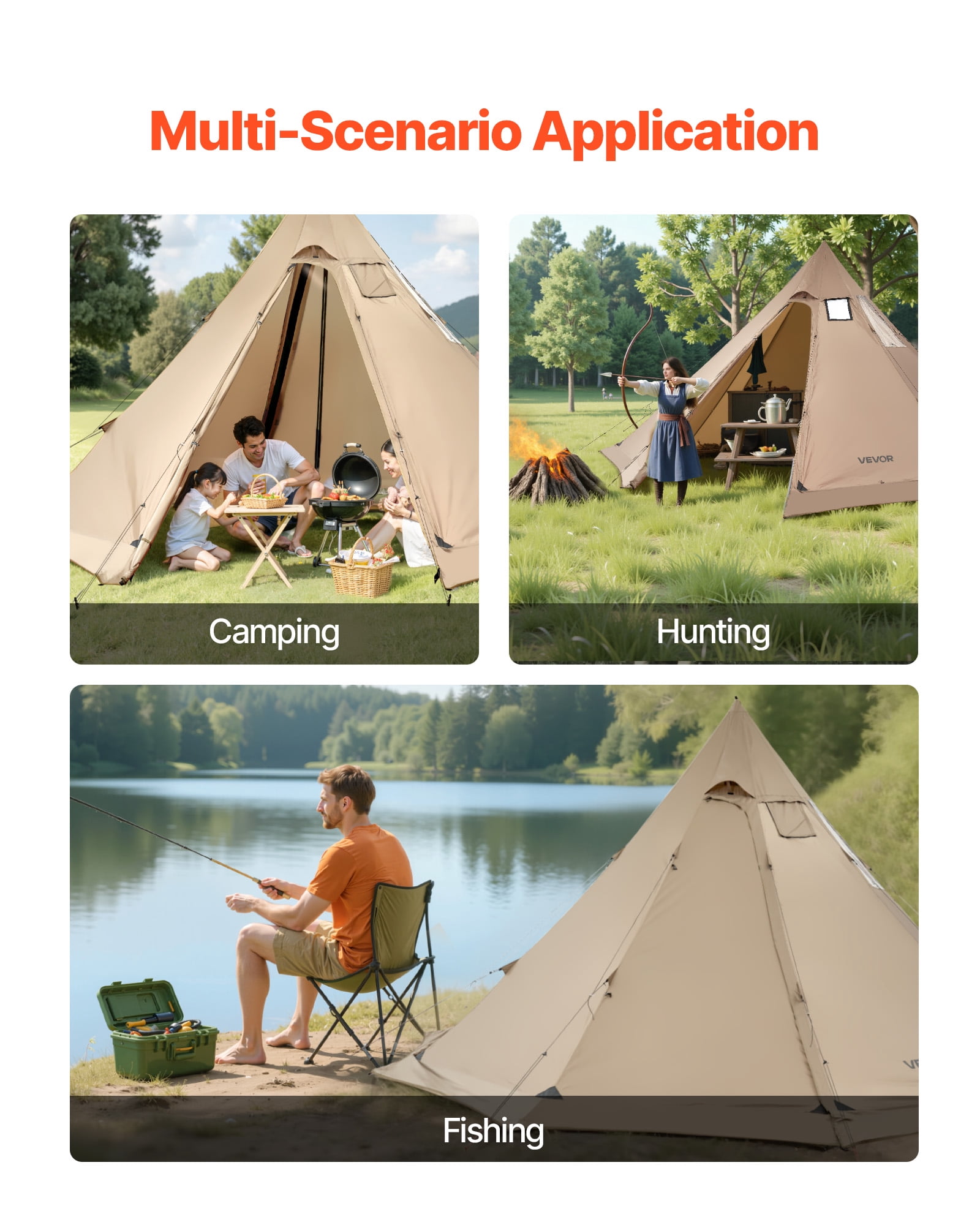 VEVOR Hot Tent for 4-6 Persons, Portable Winter Tipi Tent with Stove Jack, Waterproof Camping Tents, Lightweight 4 Season Shelter Tents for Hiking Fishing Backpacking, L Size
