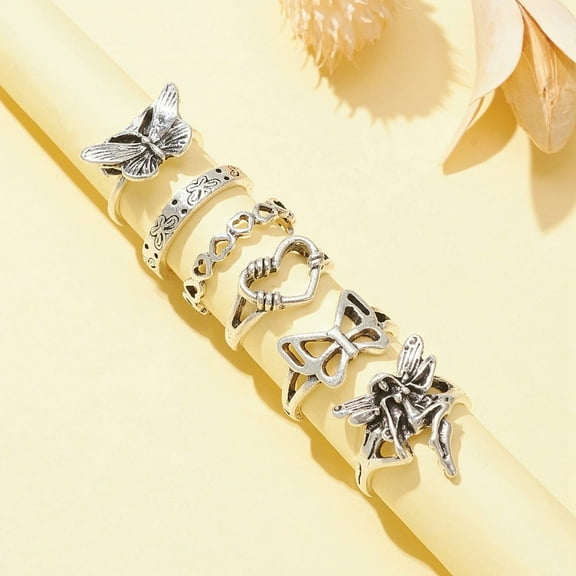 1Bag 6Pcs 6 Style Butterfly & Heart & Chain Shape Alloy Stackable Rings Set Gothic Jewelry for Women Silver Inner Diameter: 16~17.3mm 1Pc/style