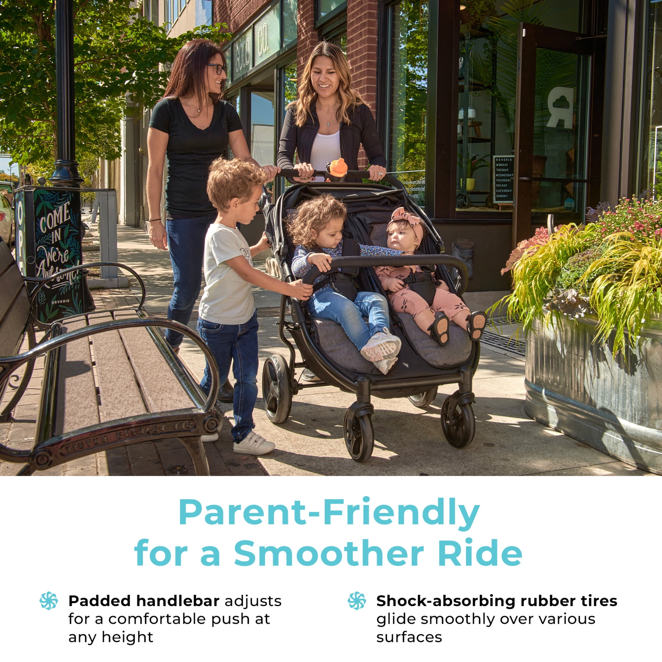 Foundations Gaggle Roadster Duo Side-by-Side Double Lightweight Stroller, Reclining Seats with Canopy, Black