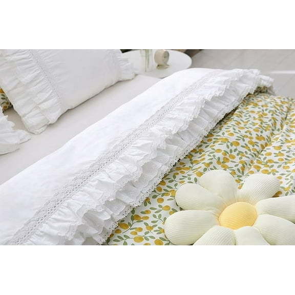 White Luxury Elegant Lace Bed Flat Sheet with Ruffles Bed Top Sheet Full Size 100% Cotton 1 Piece