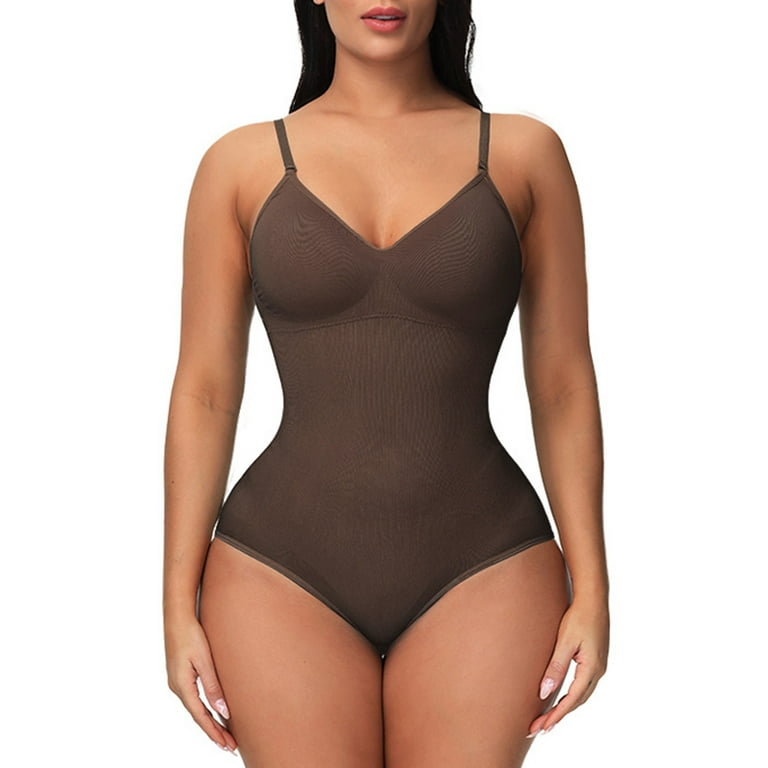 LBECLEY Low Back Compression Shapewear Bodysuit Thong for Women Thong Body Shaper  Bodysuit with Built in Bra Deep V Top Bodysuit Thong Coffee Xl 