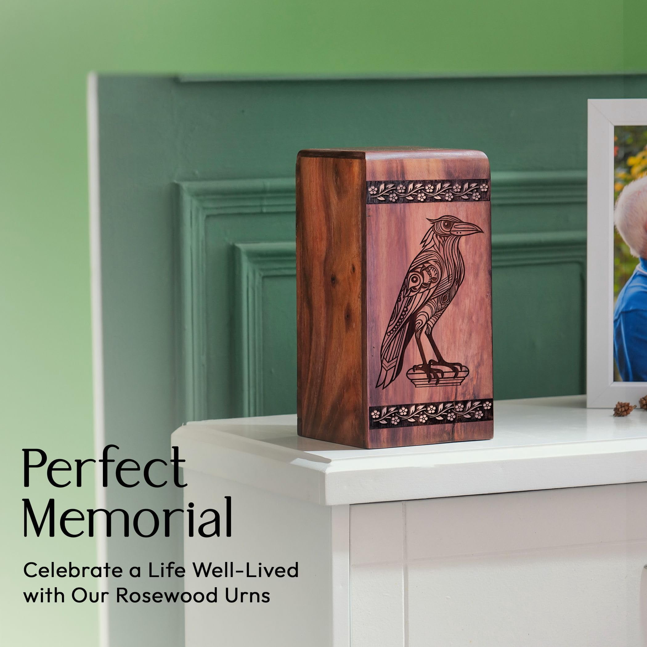 Floral Bird Theme Urn for Human Ashes/Pet Ash - Wooden Urns for Male/Female - Cremation Funeral Urns - Memorial Urns - 10inch, Large Size - Single 1Pcs