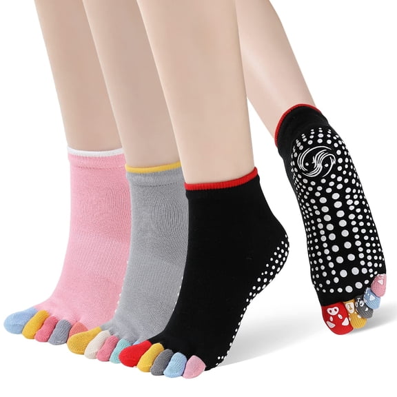 CaiDieNu Yoga Socks for Women, Non Slip Full Toe Socks with Grips for Pilates Barre Dance Ballet Hospital, 3 Pairs