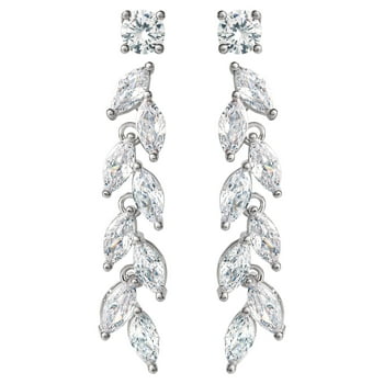Fine Silver Plated Brass Cubic Zirconia Stud & Marquise Dangle Drop Earring Set