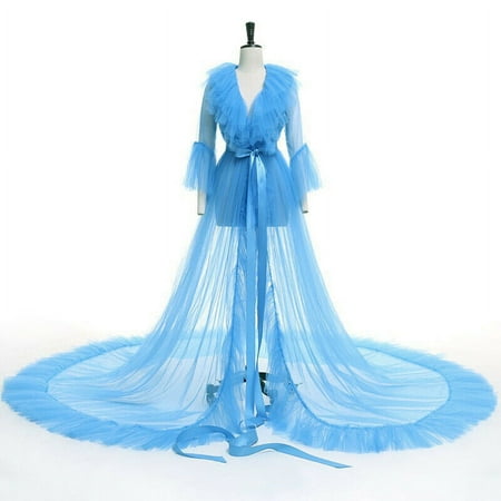 Women Summer Kimono Dress  Sheer Tulle V-Neck Long Flare Sleeves Floor-Length Night-Robe Lingerie  4 Colors