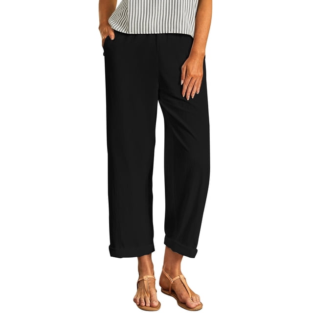 Wide Leg Elastic Waist Pants for Women Solid Color Linen Blend Straight Tube Casual