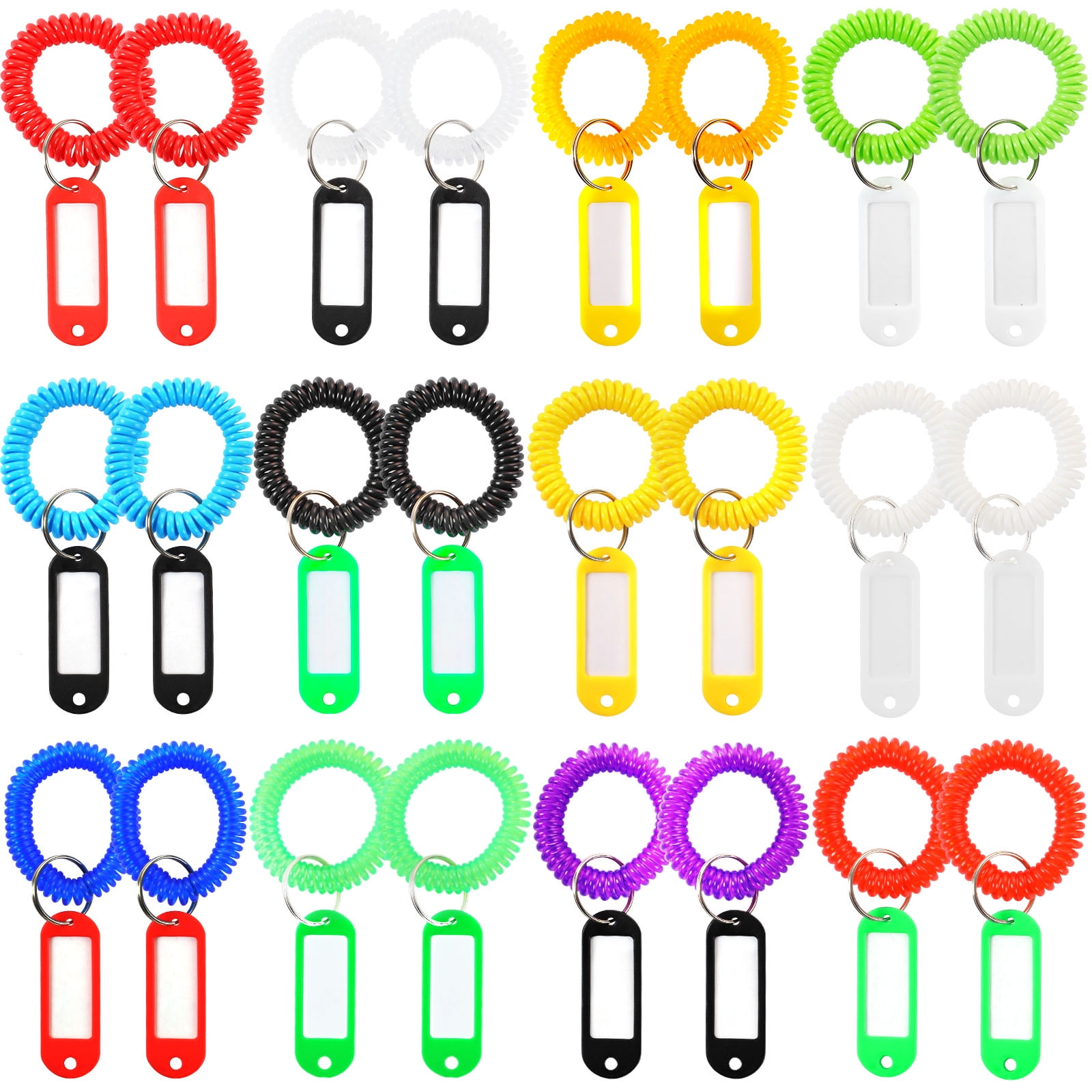 H&W 24pcs Plastic Stretchable Spring Coil Key ChainSpiral & 24pcs Key Tags, Coil Wrist Keychain