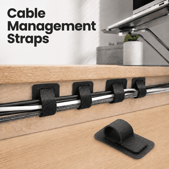 VALUNE Under Desk Cable Management, 40 Pair Black Wire Organizer, Adjustable Hook and Loop Ties & Clips, Holds Up to 15 Cords for Table Wire Hiding
