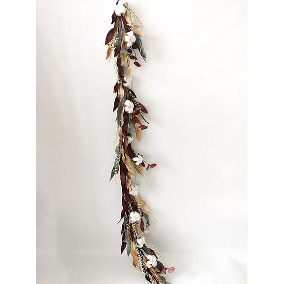 5' Burgundy, Tan and Green Leafy Garland with Cotton Accents