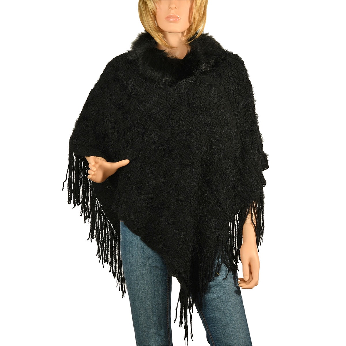 Shop LC - Wave Pattern Winter Poncho with Faux Fur Collar Long Tassel ...