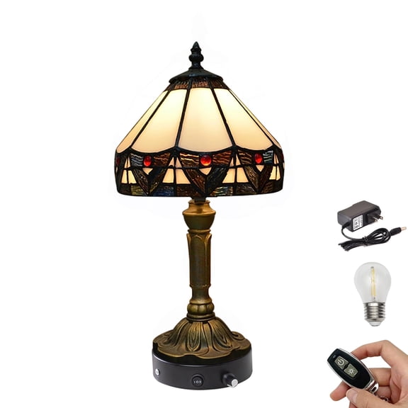 Kiven Cordless Table Lamp,1-Light Dimmable Bedside Lamps for Nightstand with Pink Glass Lampshade, Tiffany-Style Rechargeable Desk Lamp for Reading Home Decor Bedside TD0773
