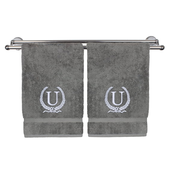 Monogrammed Hand Towel, Personalized Gift, 16 x 30 Inches - Silver Letter Embroidered with Wreath Design on Gray Towel - Extra Absorbent - 100% Turkish Cotton - Soft Terry Finish - Initial U