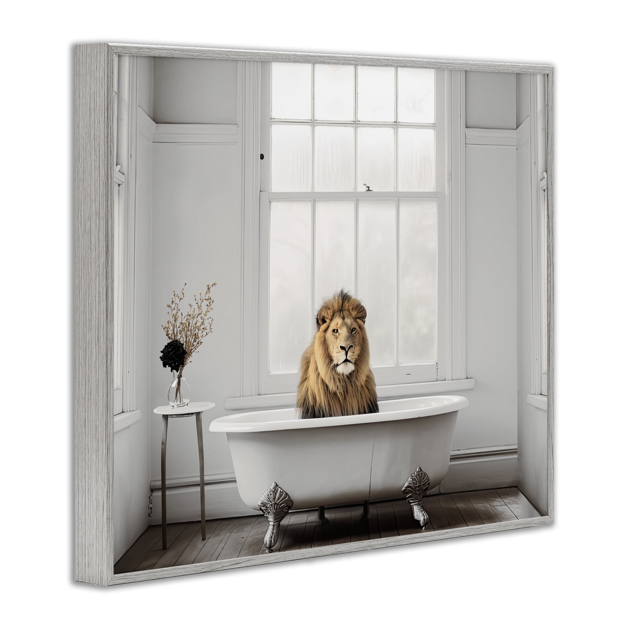 Minimalist Lion Bathtime Gray Framed Giclee Art, design by Sasha