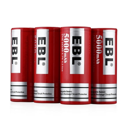 EBL 4-Pack 26650 Battery 3.7V 5000mAh Li-ion Rechargeable Batteries for Flashlight,