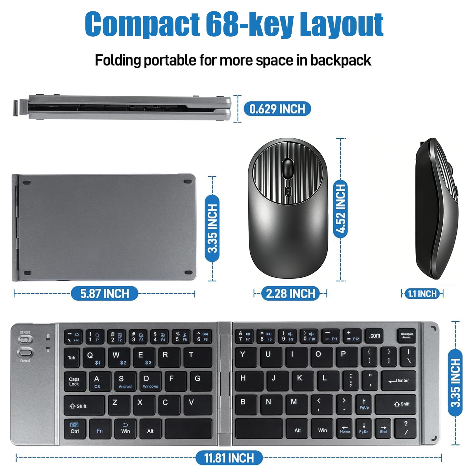 RONY Foldable Wireless Bluetooth Keyboard & Mouse Combo: Ultra-Slim Rechargeable Portable Travel Keyboard Set for iPad iPhone Laptop Tablet Windows Android Mac (Grey)