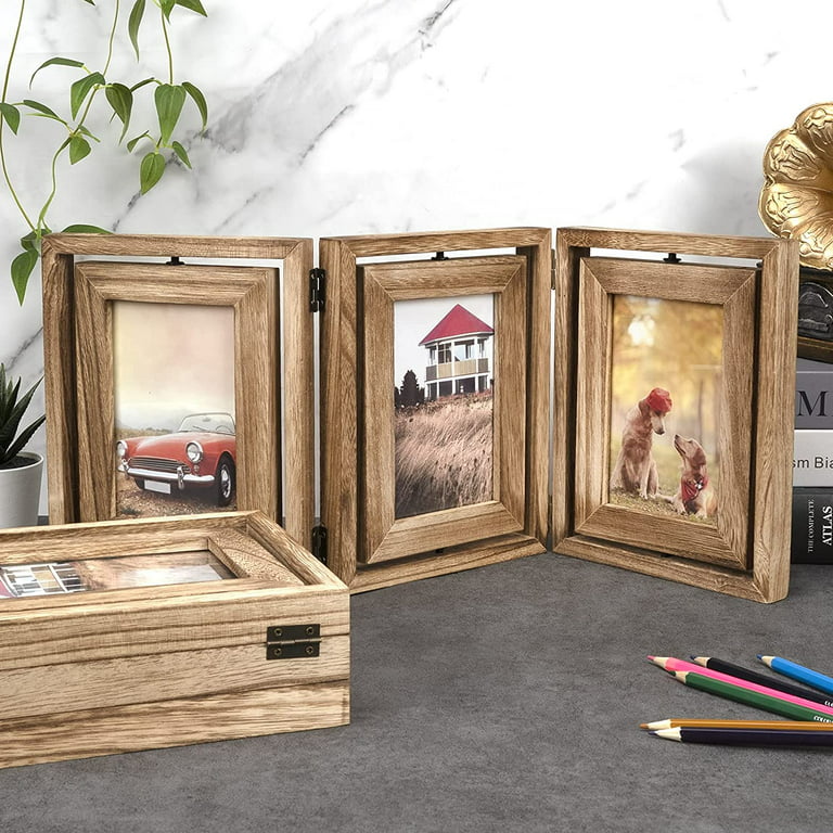 upsimples 3 Picture Frame Fathers Day, 4x6 Picture Frame Collage with 3  Openings, Trifold Hinged Family Photo Frame with Real Glass for Tabletop