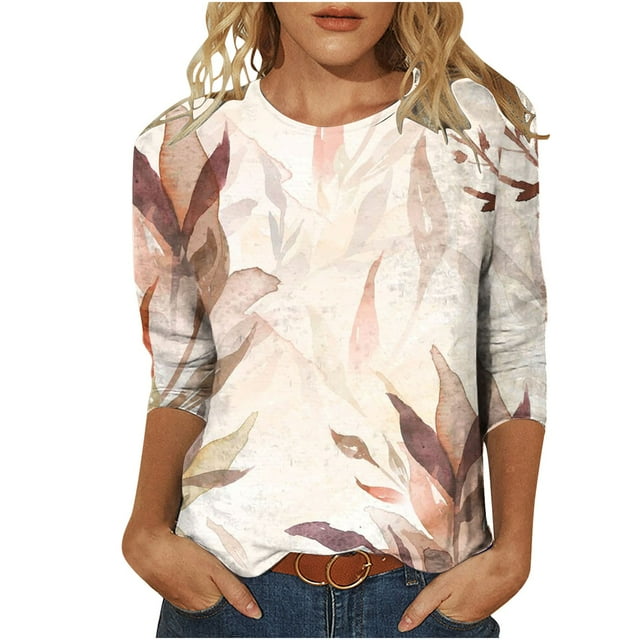 Pompotops T-shirt Imprimé Mode Femme 3/4 Manches Blouse Col Rond Casual Tops en Vente