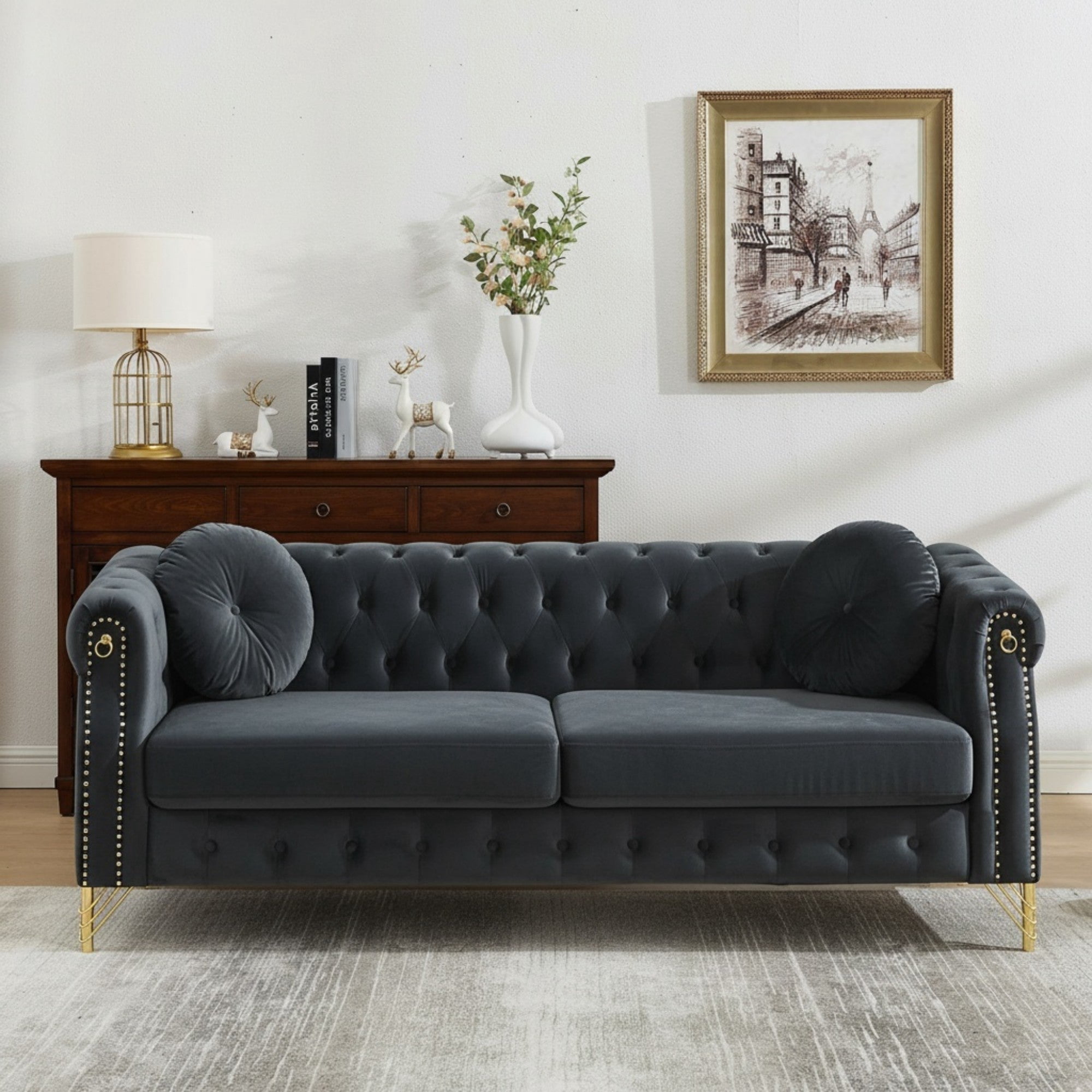 Sailvan 82" Velvet Chesterfield Sofa, Tufted 3-Seater Couch with Gold Metal Legs & Copper Studs, Luxury Living Room Furniture Black