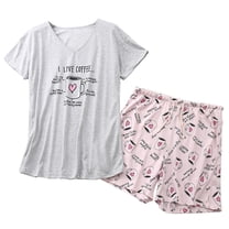 Defitshape Women's Cute Graphic Pajamas Set Cotton Sleepwear Cartoon Short Sleeve Tee and Shorts Pj 2pcs Lounge Set Printed V Neck Pink Cup 3X-Large