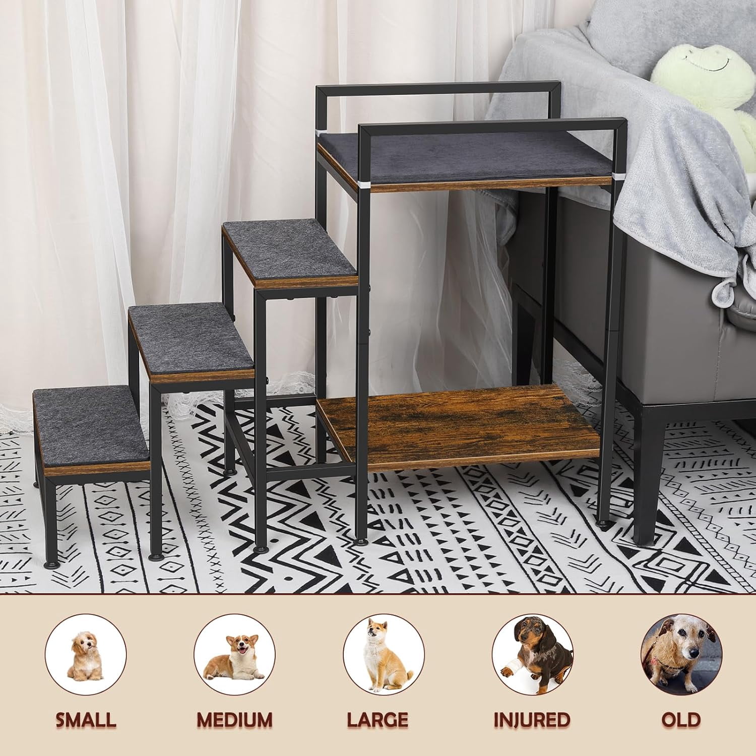 Pet Window Perch with Stairs, 4-Step Dog Bunk Bed for Small Dogs and Cats, Brown MDF Metal Frame