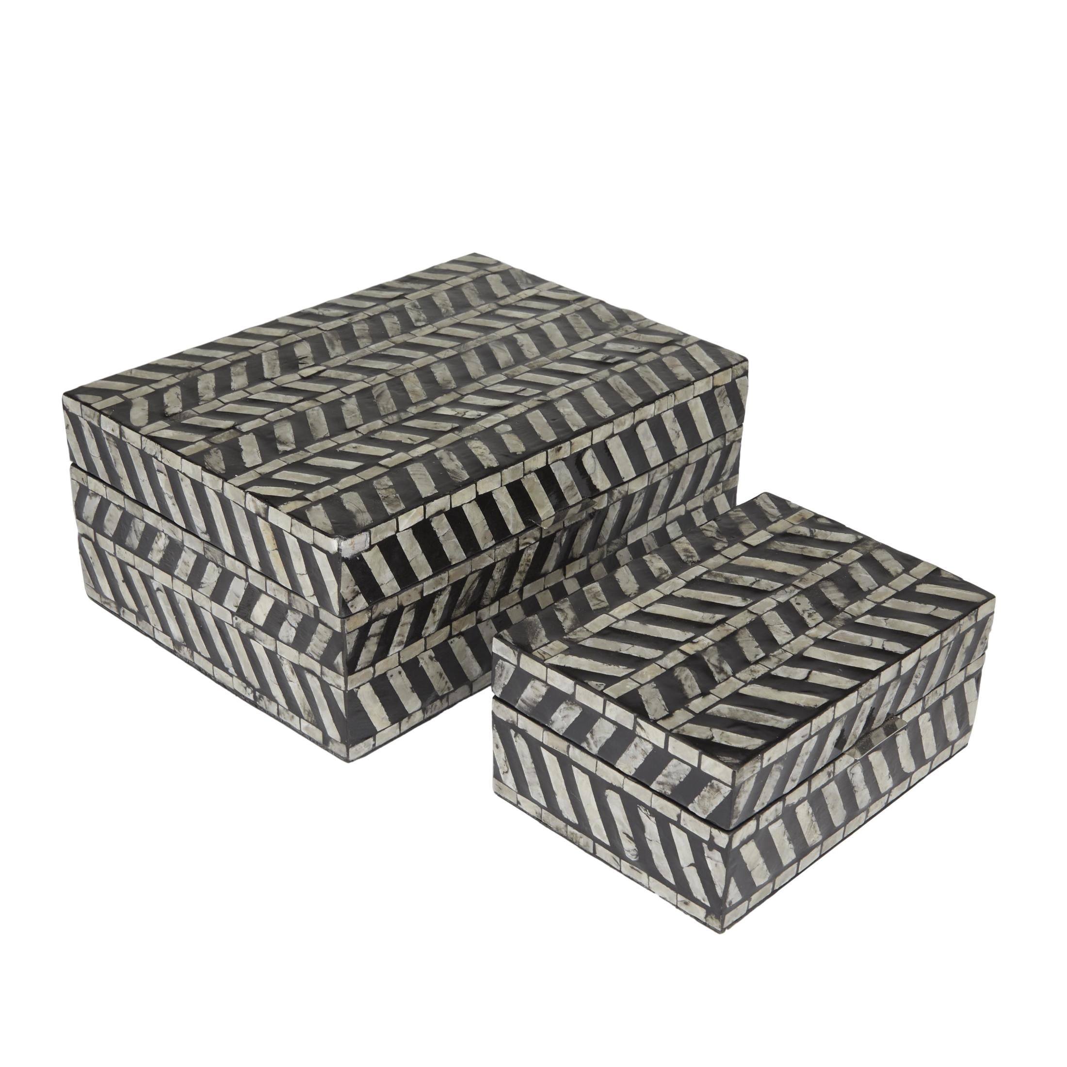 DecMode Handmade Chevron Pattern Gray Mother of Pearl Shell Decorative Box with Hinged Lid, 2 Count