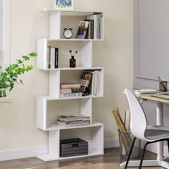 S-HOME 5 Tier White Bookshelf With Durable Engineered Wood Design For Modern Home  And Organized Storage