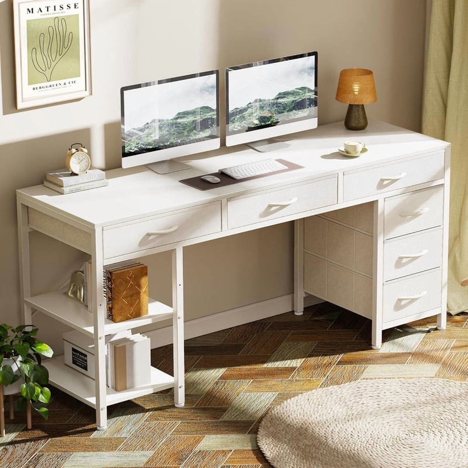 Kelno 55 Inch Computer Desk with 6 Fabric Drawer Storage Shelf Gaming Writing Table, White