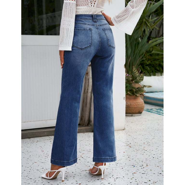 Vetinee Women's Summer Stretch High Waisted Flare Jeans Wide Leg Bell  Bottom Denim Pants Dark Blue Size 10