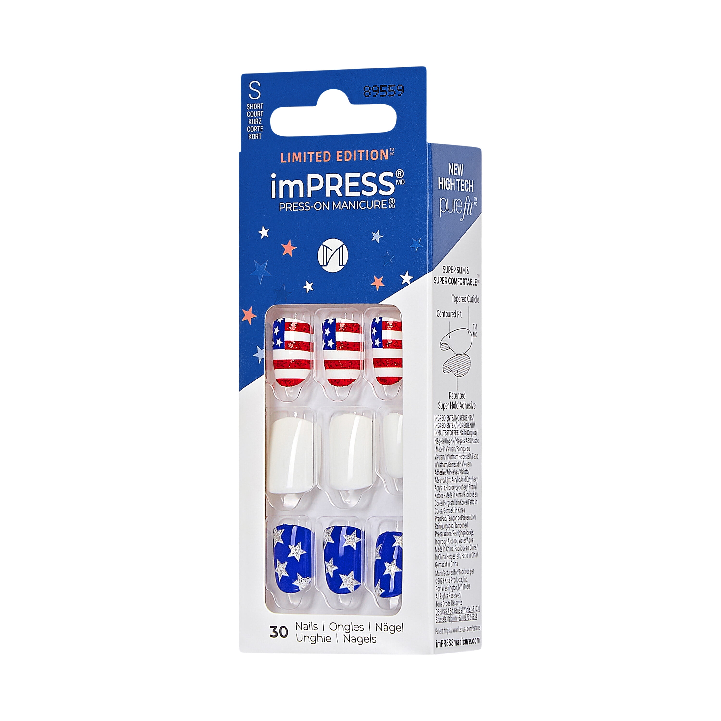imPRESS Short Square Press-On Nails, Red, White & Blue, 30 Pieces