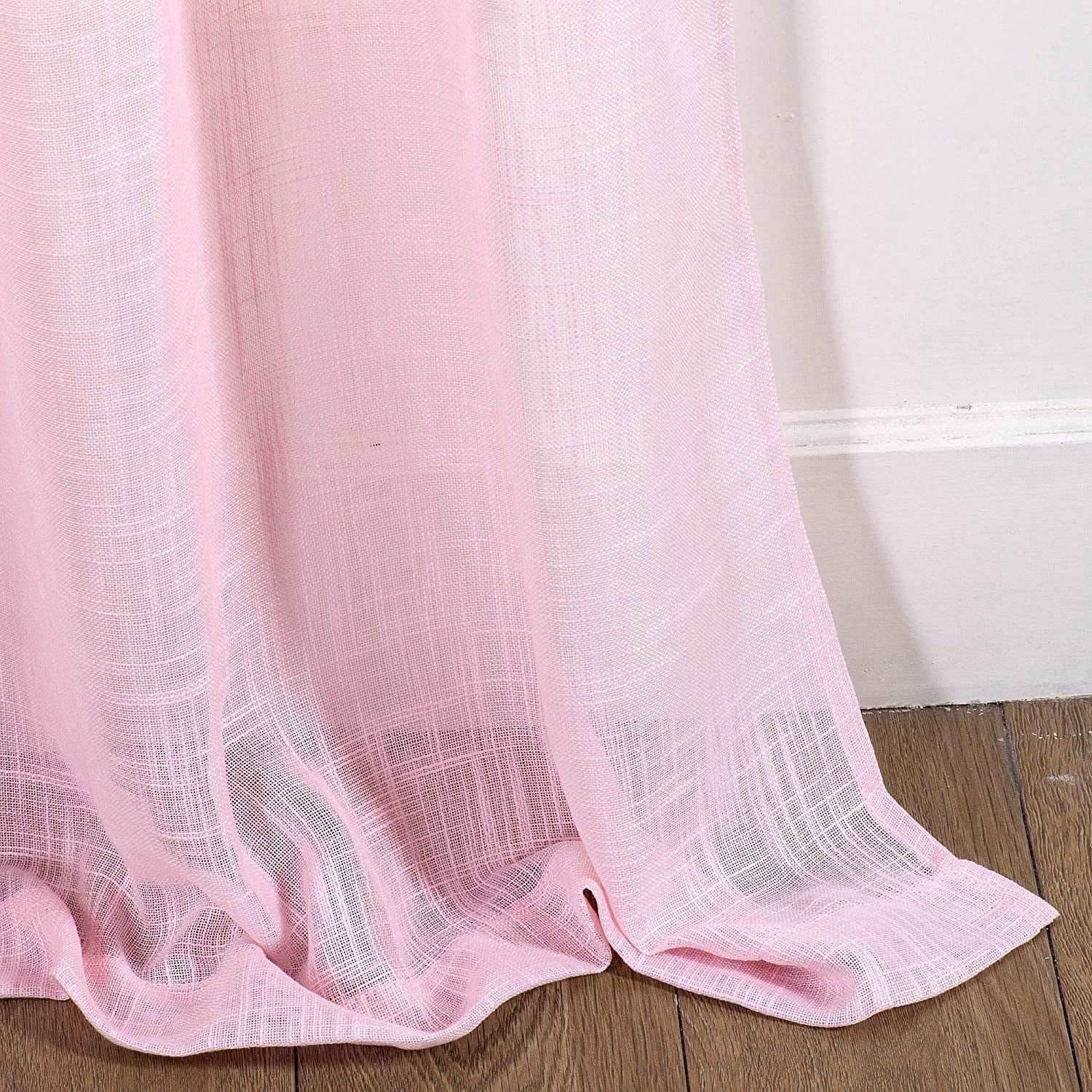 2 Pack Belgian Textured Linen Look Jacquard Sheer Grommet Top Curtain Panel Drape Set (63" Long, Light Pink)