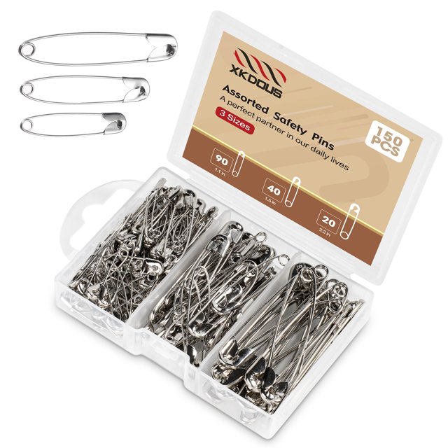 Safety Pins XKDOUS 150 unidades de alfileres plateados de varios tamaños a granel