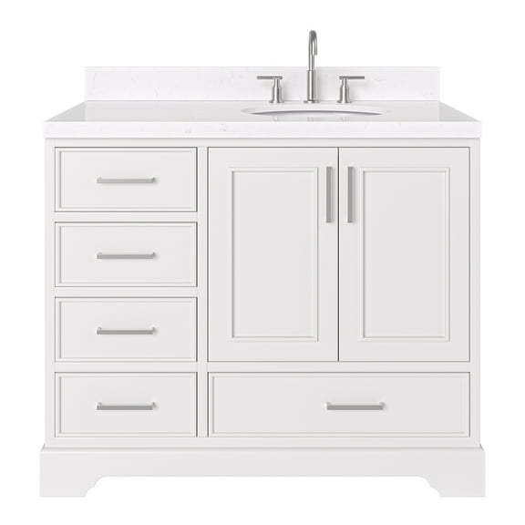 Ariel Stafford 42 Inch Single Right Offset Oval Sink Bathroom Vanity With Carrara White Quartz Countertop 1.5 Edge In White