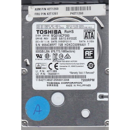 MQ01ACF050, AA10/AV002E, HDKCC00M6A01 T, Toshiba 500GB SATA 2.5 Hard Drive