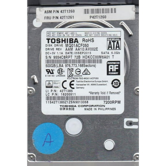 MQ01ACF050, AA10/AV002E, HDKCC00M6A01 T, Toshiba 500GB SATA 2.5 Hard Drive