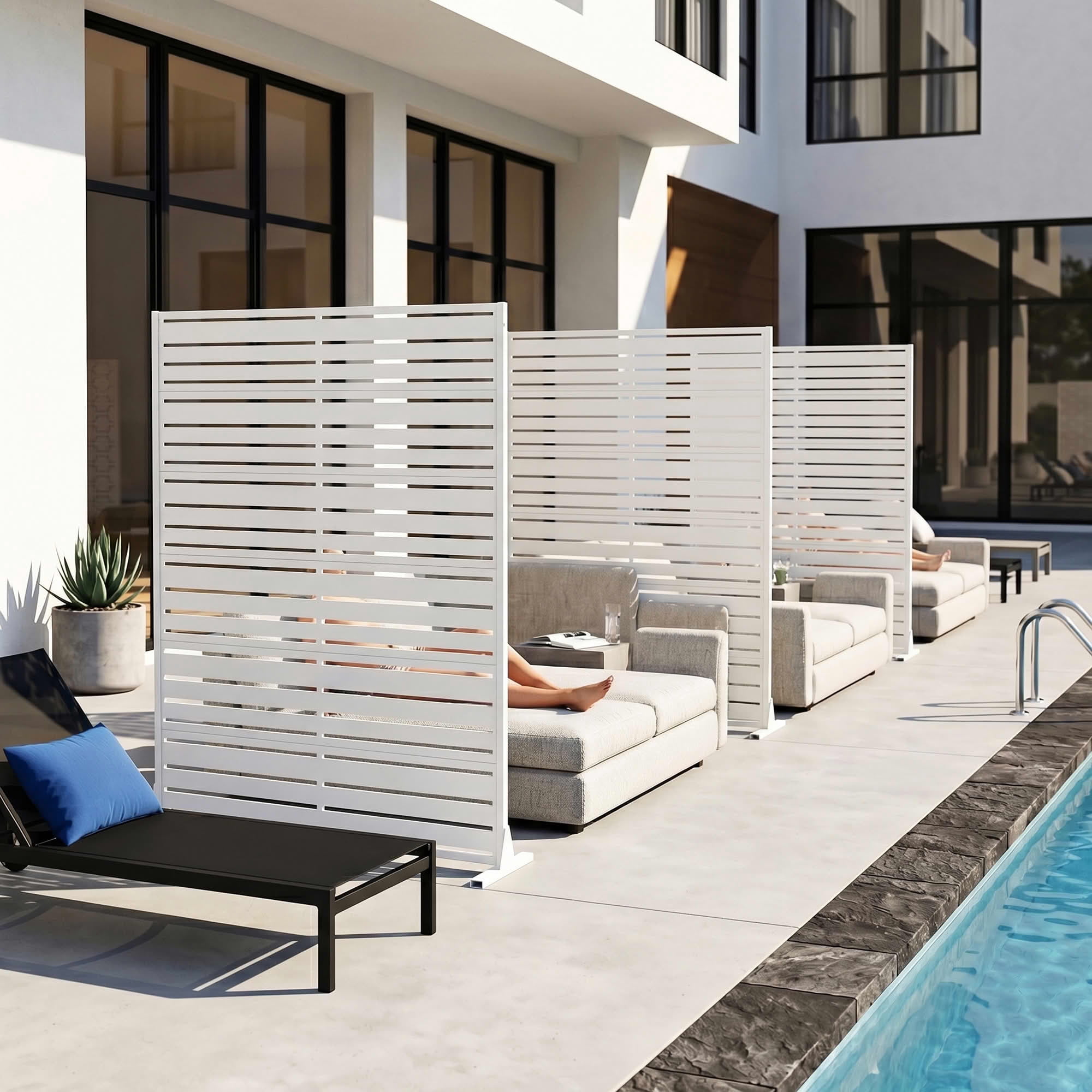 MAYEERTY 2-Piece 72"x47" Privacy Screen, White 6-Panel Galvanized Steel Louvered Fence, Wide-1 Narrow-2 Style, Freestanding for Patio Backyard