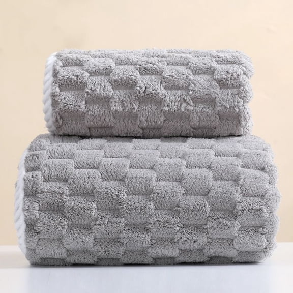 Mictong Grey 2-Piece Plaid Coral Fleece Microfiber Towel Set (Towel Bath Towel), Soft, Breathable, Highly Absorbent, Lightweight Travel Gym Shower Towel Set