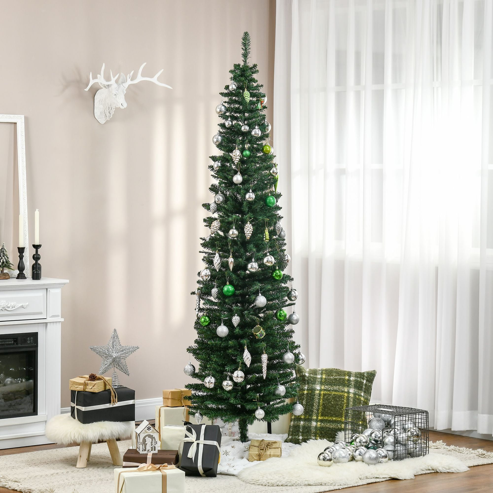 7 ft Artificial Pencil Christmas Tree, Slim Unlit Xmas Tree with 499 Branch Tips and Plastic Stand for Small Spaces and Apartments