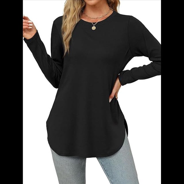 Camisa de Larga con Cuello Redondo para Mujer, Básica, Holgada, Informal Negro XL